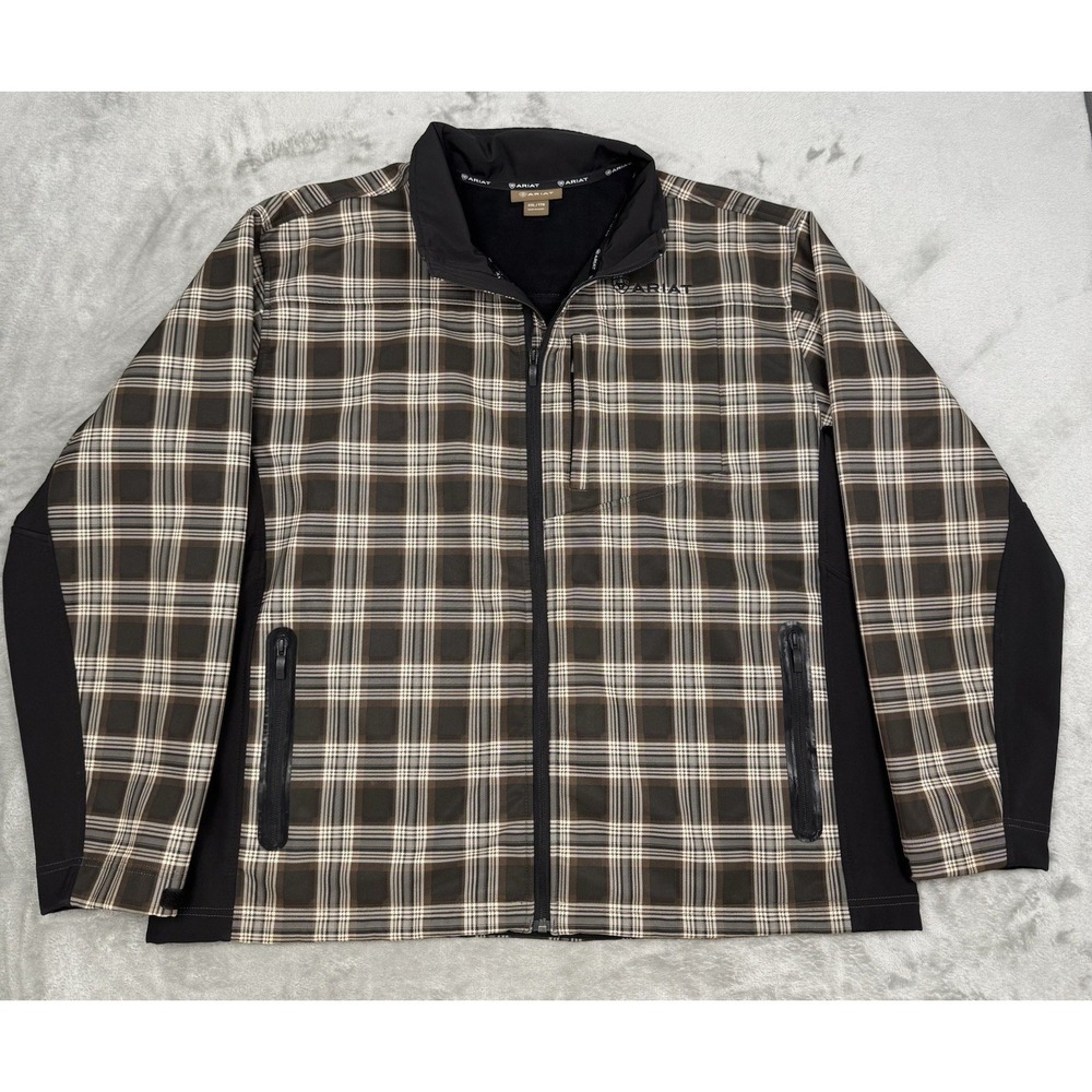Ariat Soft Shell Jacket Mens 2XL Black Brown Plaid Full Zip Western Vernon Rion